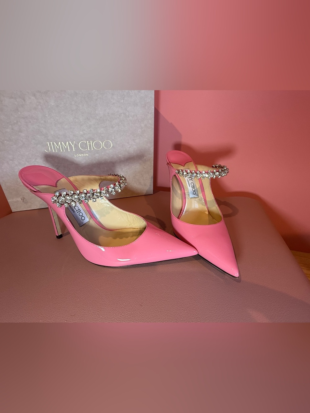 Jimmy Choo Pink Patent Crystal-Strap Pointed-Toe Mules